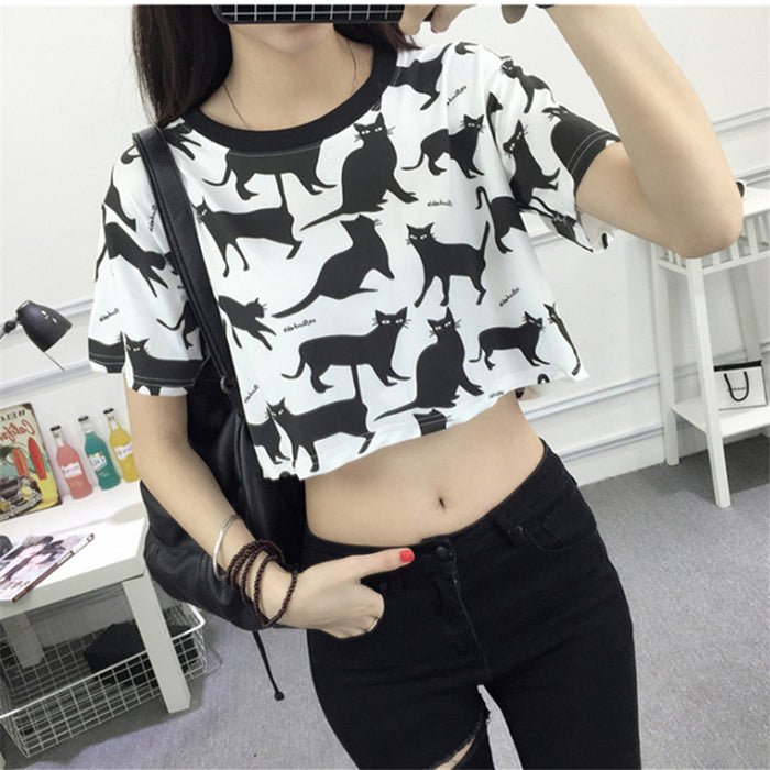 2017 Summer Fashion Crop Top Students Cartoon Cat Printed Female T-shirt Casual - Free Shipping