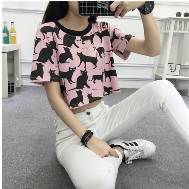 2017 Summer Fashion Crop Top Students Cartoon Cat Printed Female T-shirt Casual - Free Shipping