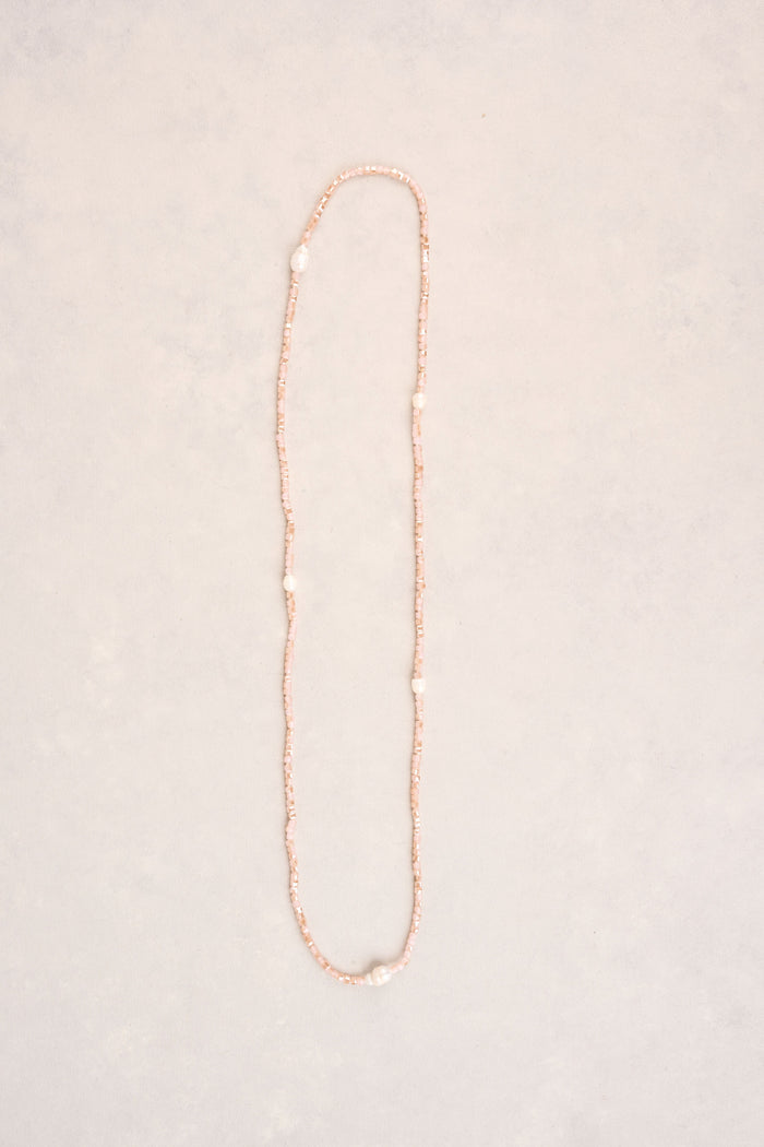 Long Square Beads Pearl Necklace - Dusty Pink