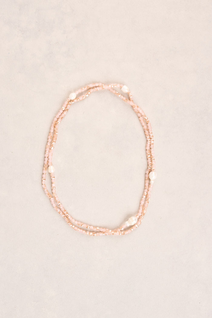 Long Square Beads Pearl Necklace - Dusty Pink