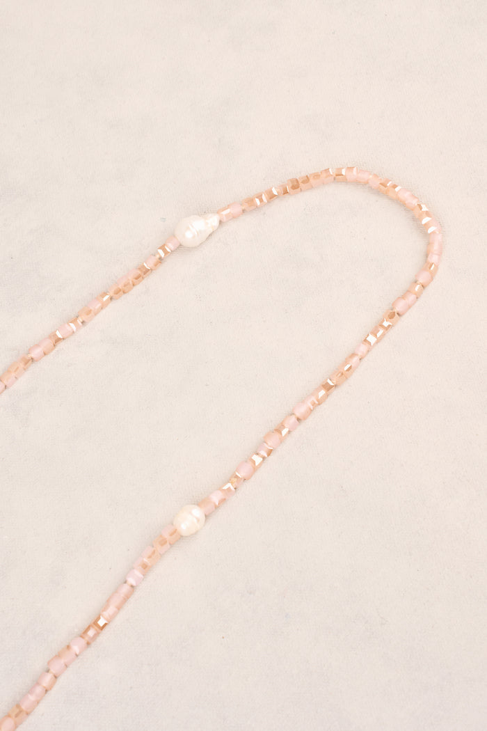Long Square Beads Pearl Necklace - Dusty Pink