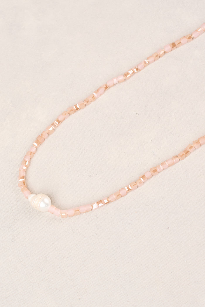 Long Square Beads Pearl Necklace - Dusty Pink