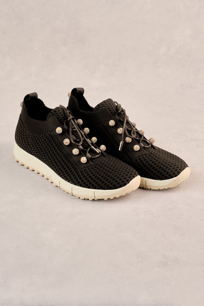 Perla Knit Sneaker - Chocolate / Diamante