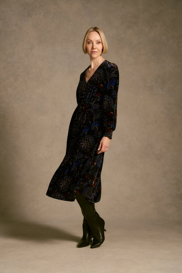 Printed Velvet Tier Dress - Indigo Chintz Print