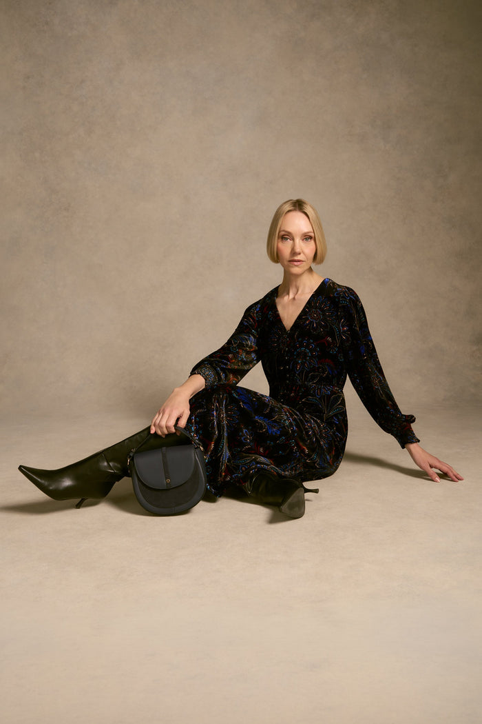 Printed Velvet Tier Dress - Indigo Chintz Print