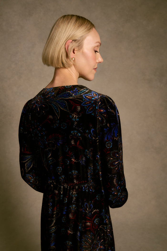 Printed Velvet Tier Dress - Indigo Chintz Print