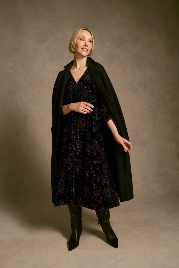 Printed Velvet Tier Dress - Indigo Chintz Print