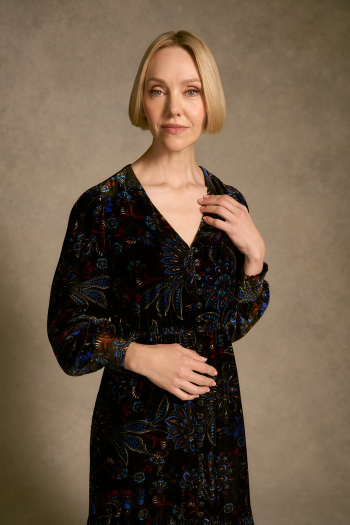 Printed Velvet Tier Dress - Indigo Chintz Print