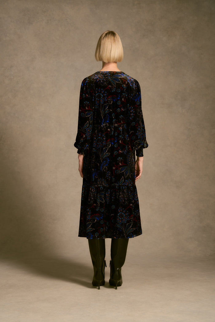 Printed Velvet Tier Dress - Indigo Chintz Print