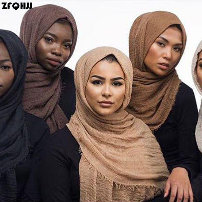 Women Cotton bubble plain wrinkle Hijab Scarf with fringes-Free Shipping